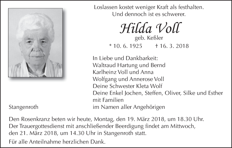  Traueranzeige für Hilda Voll vom 19.03.2018 aus MGO