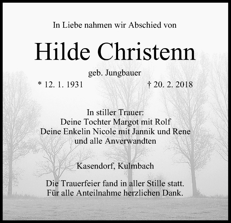  Traueranzeige für Hilde Christenn vom 06.03.2018 aus MGO