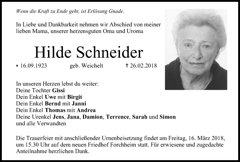  Traueranzeige für Hilde Schneider vom 13.03.2018 aus MGO
