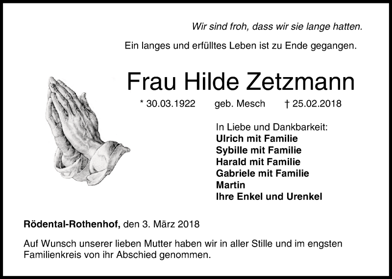  Traueranzeige für Hilde Zetzmann vom 03.03.2018 aus MGO