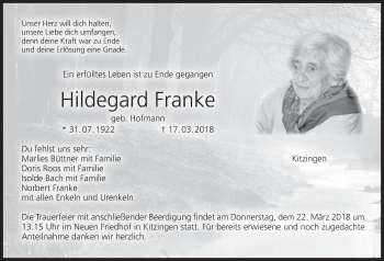 Anzeige von Hildegard Franke von MGO