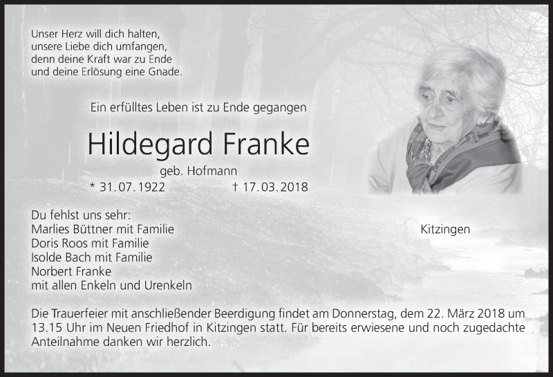  Traueranzeige für Hildegard Franke vom 20.03.2018 aus MGO