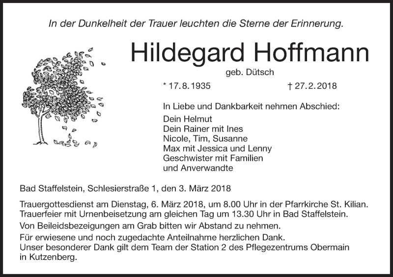  Traueranzeige für Hildegard Hoffmann vom 03.03.2018 aus MGO