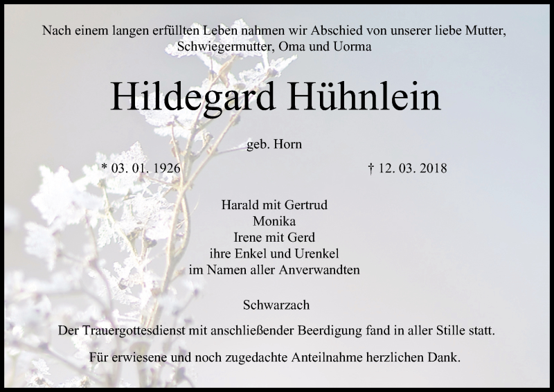  Traueranzeige für Hildegard Hühnlein vom 17.03.2018 aus MGO
