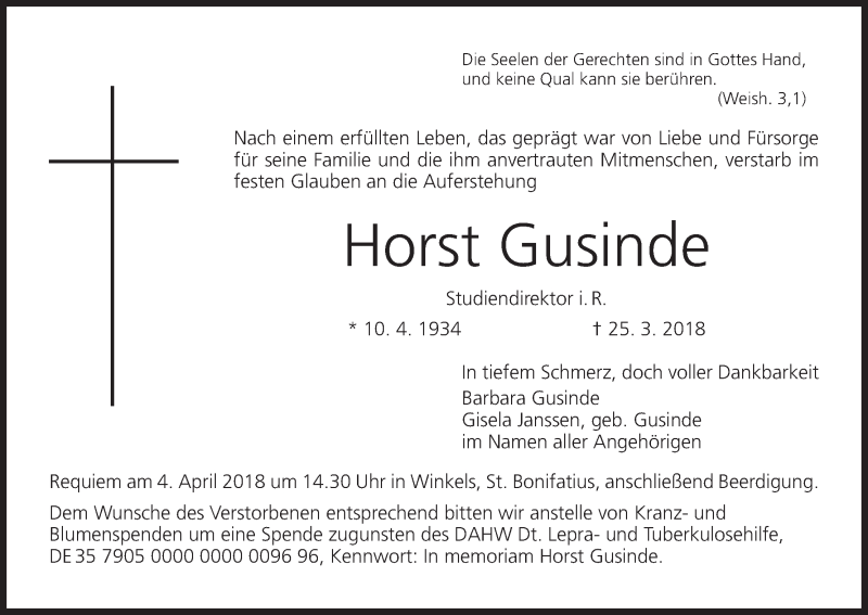  Traueranzeige für Horst Gusinde vom 31.03.2018 aus MGO