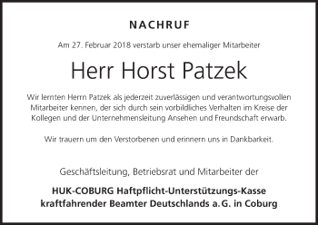 Anzeige von Horst Patzek von MGO