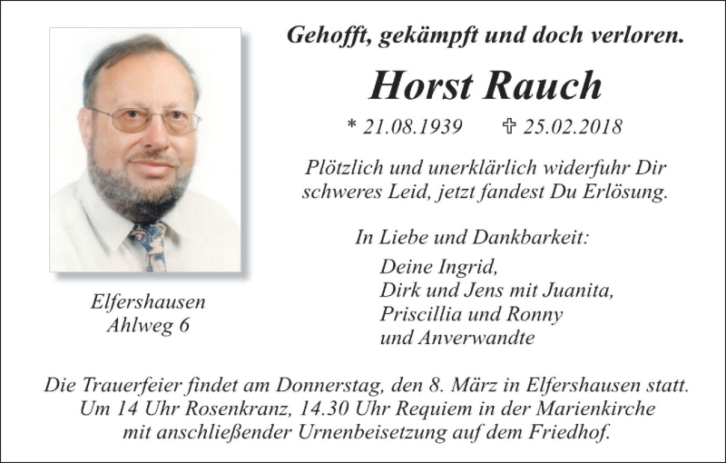 Traueranzeige für Horst Rauch vom 05.03.2018 aus MGO