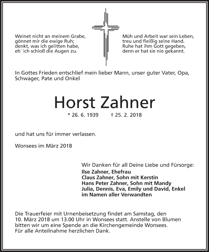  Traueranzeige für Horst Zahner vom 07.03.2018 aus MGO
