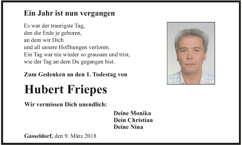  Traueranzeige für Hubert Friepes vom 09.03.2018 aus MGO