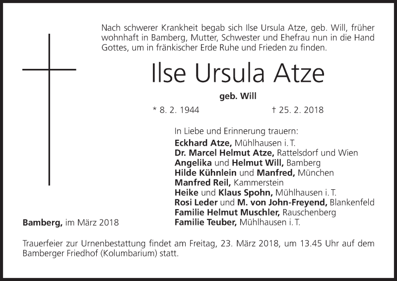  Traueranzeige für Ilse Ursula Atze vom 23.03.2018 aus MGO