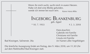 Anzeige von Ingeborg Blankenburg von MGO