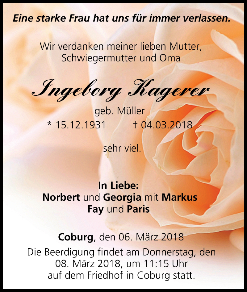  Traueranzeige für Ingeborg Kagerer vom 06.03.2018 aus MGO