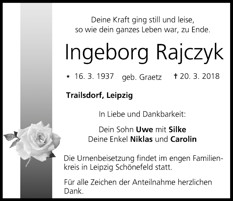  Traueranzeige für Ingeborg Rajczyk vom 24.03.2018 aus MGO