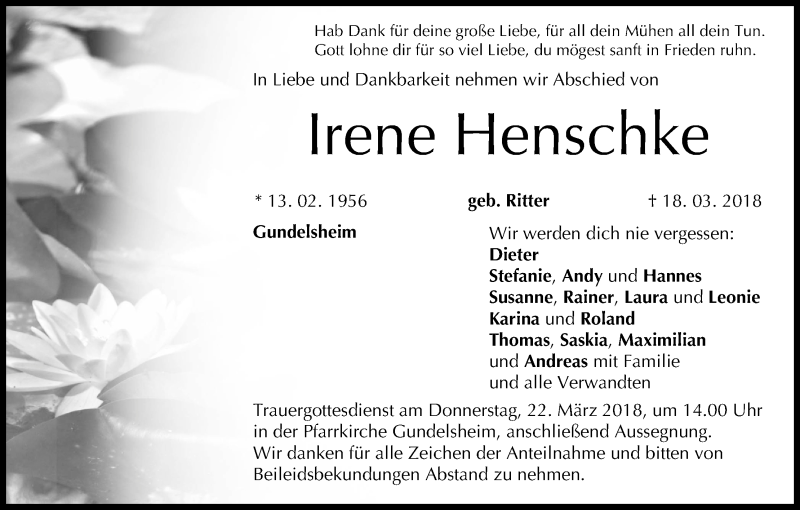  Traueranzeige für Irene Henschke vom 20.03.2018 aus MGO