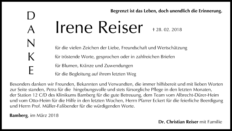  Traueranzeige für Irene Reiser vom 24.03.2018 aus MGO