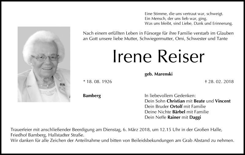 Traueranzeige für Irene Reiser vom 03.03.2018 aus MGO