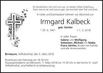 Anzeige von Irmgard Kalbeck von MGO