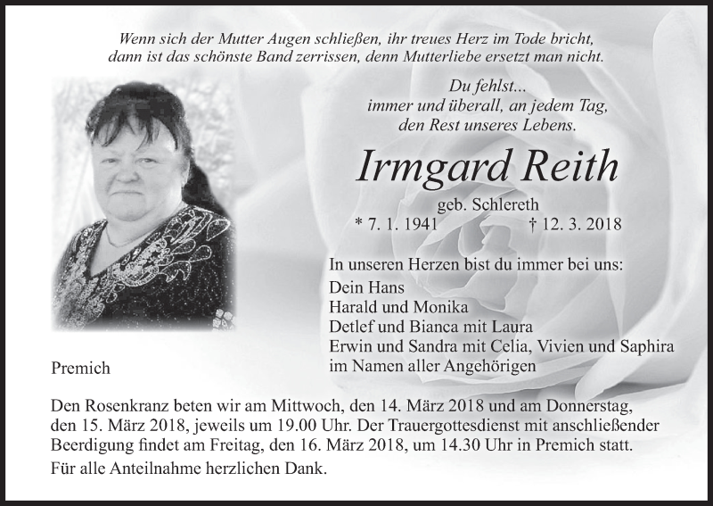  Traueranzeige für Irmgard Reith vom 13.03.2018 aus MGO