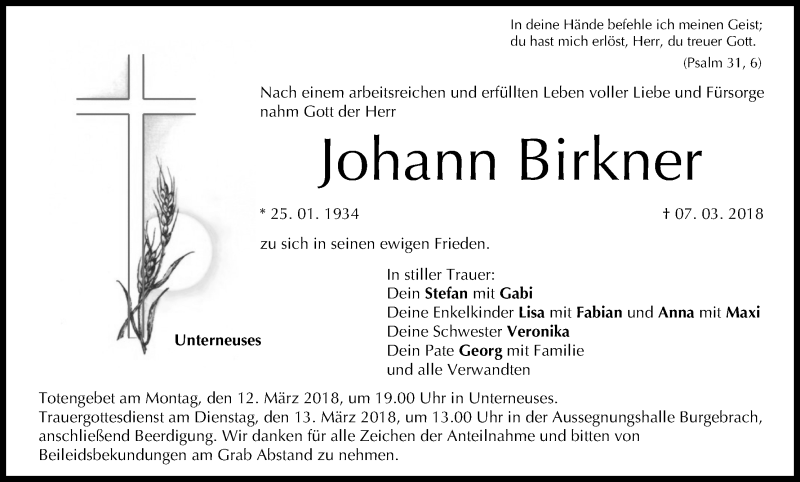  Traueranzeige für Johann Birkner vom 09.03.2018 aus MGO
