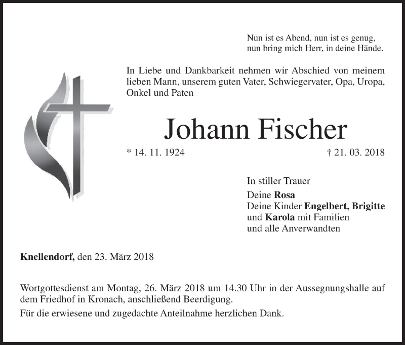  Traueranzeige für Johann Fischer vom 23.03.2018 aus MGO