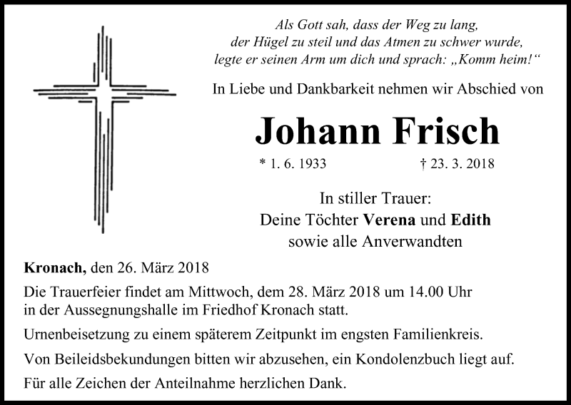  Traueranzeige für Johann Frisch vom 26.03.2018 aus MGO