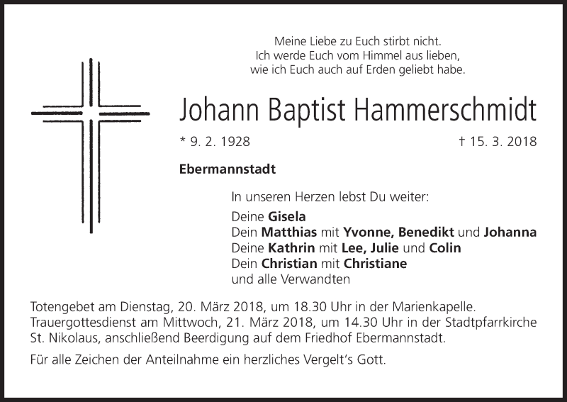  Traueranzeige für Johann Baptist Hammerschmidt vom 19.03.2018 aus MGO