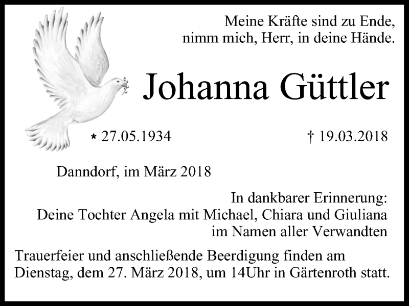  Traueranzeige für Johanna Güttler vom 24.03.2018 aus MGO