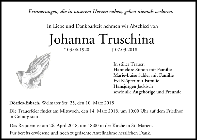  Traueranzeige für Johanna Truschina vom 10.03.2018 aus MGO