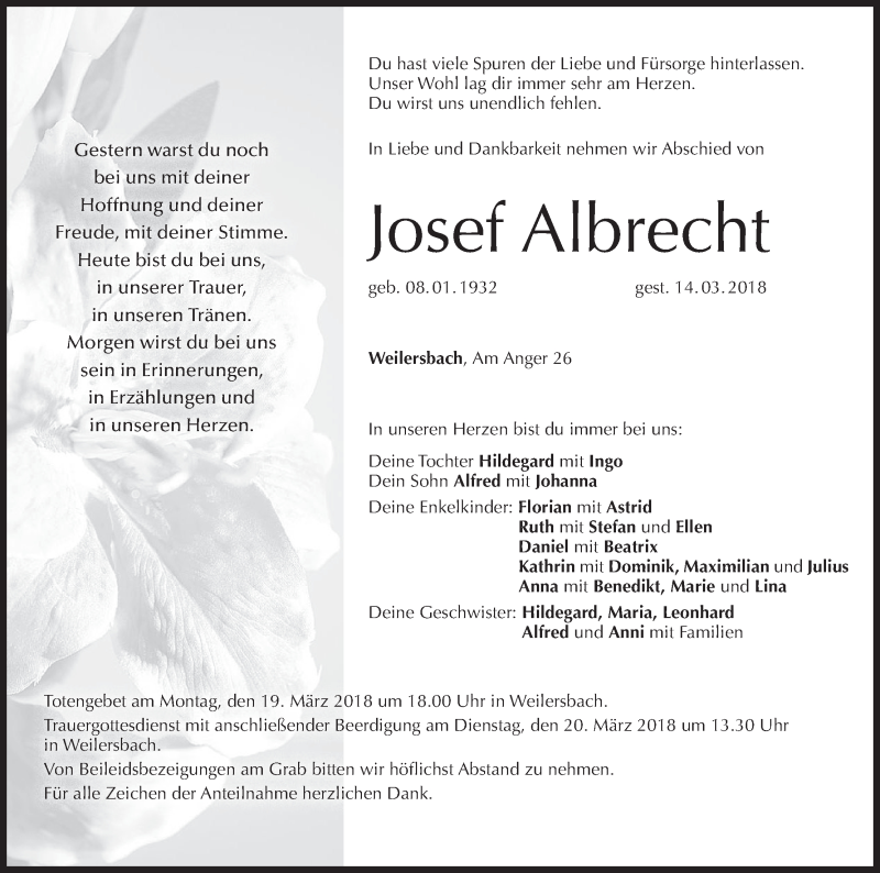  Traueranzeige für Josef Albrecht vom 17.03.2018 aus MGO