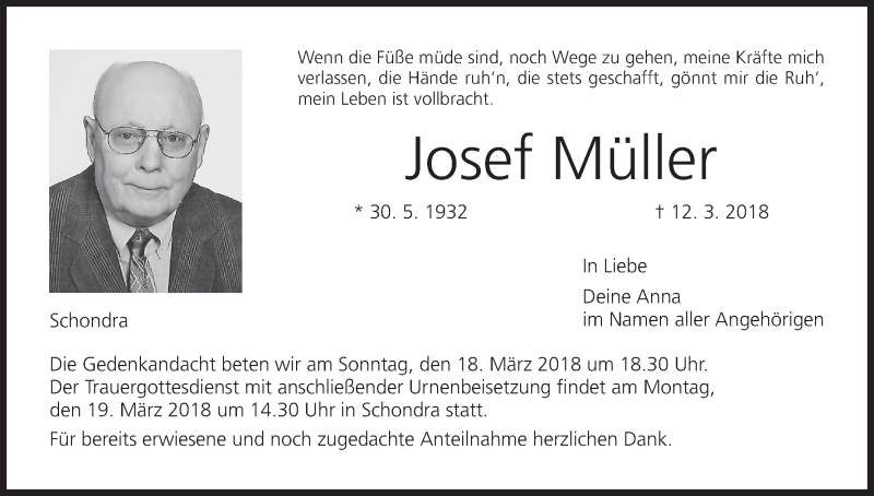  Traueranzeige für Josef Müller vom 16.03.2018 aus MGO
