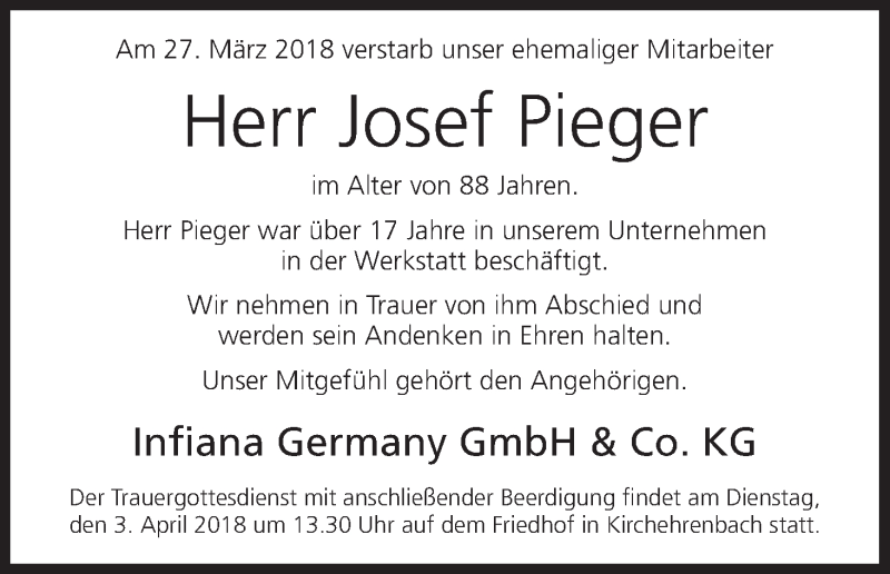  Traueranzeige für Josef Pieger vom 31.03.2018 aus MGO