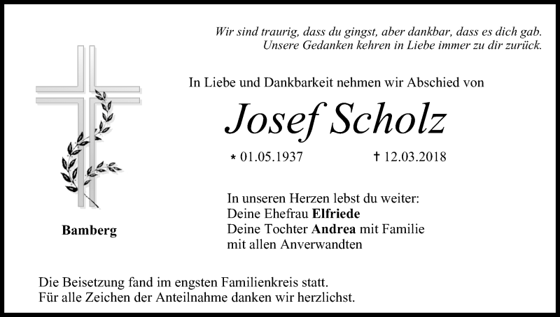  Traueranzeige für Josef Scholz vom 24.03.2018 aus MGO