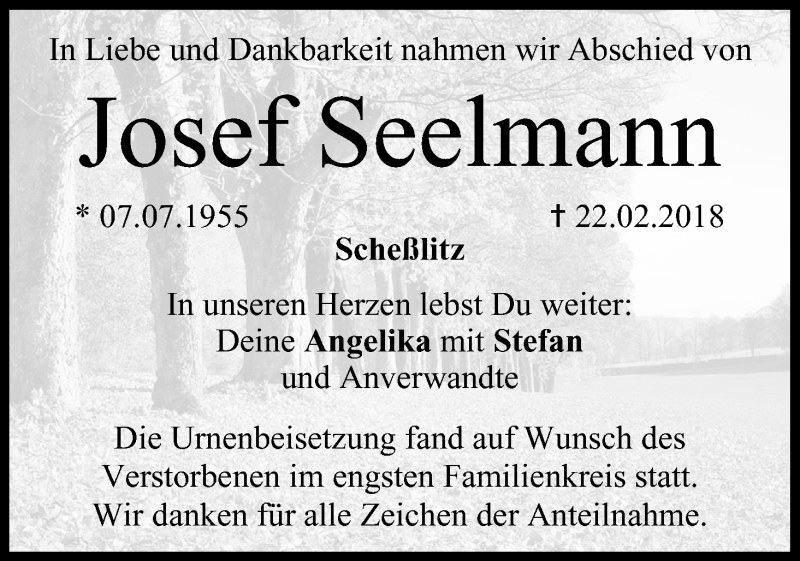  Traueranzeige für Josef Seelmann vom 03.03.2018 aus MGO