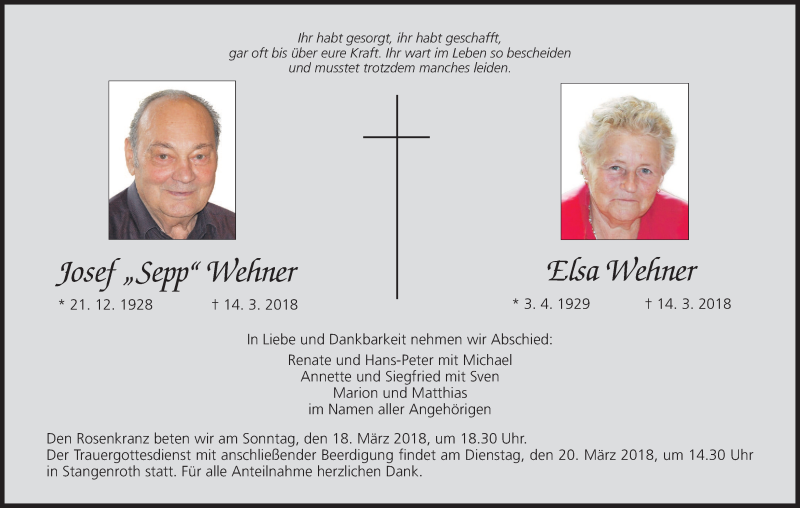  Traueranzeige für Josef Wehner vom 17.03.2018 aus MGO