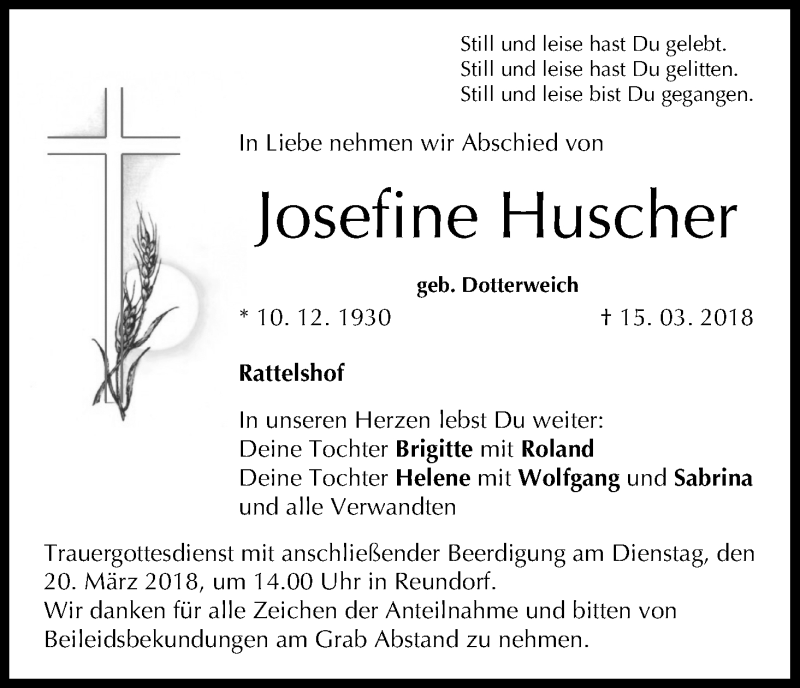  Traueranzeige für Josefine Huscher vom 17.03.2018 aus MGO