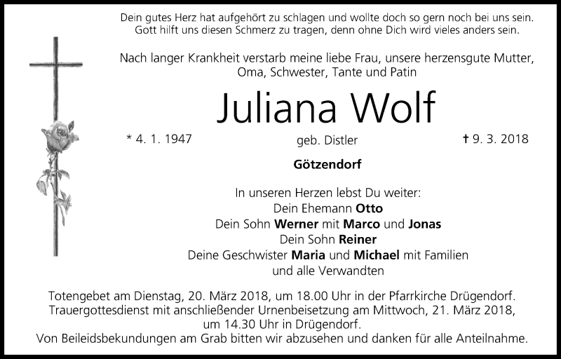  Traueranzeige für Juliana Wolf vom 17.03.2018 aus MGO