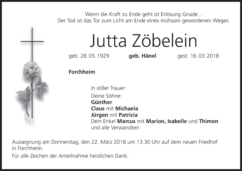  Traueranzeige für Jutta Zöbelein vom 20.03.2018 aus MGO