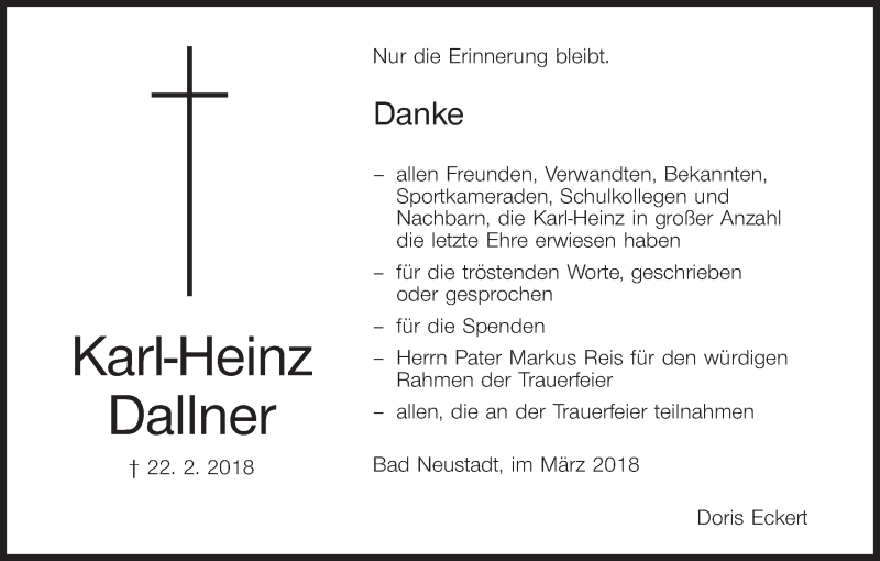  Traueranzeige für Karl-Heinz Dallner vom 17.03.2018 aus MGO