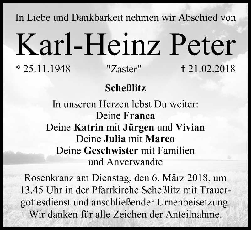  Traueranzeige für Karl-Heinz Peter vom 03.03.2018 aus MGO