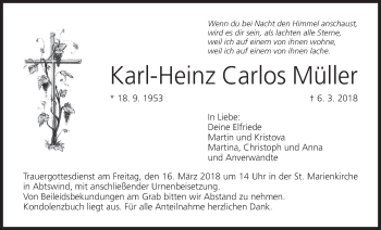 Anzeige von Karl-Heinz Carlos Müller von MGO