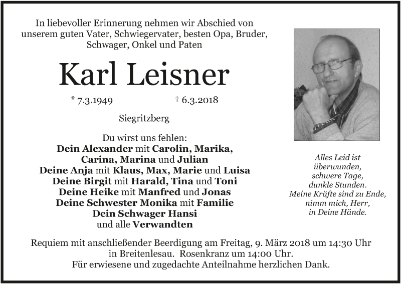  Traueranzeige für Karl Leisner vom 07.03.2018 aus MGO