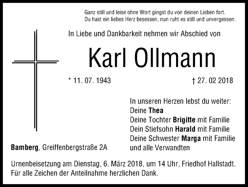  Traueranzeige für Karl Ollmann vom 03.03.2018 aus MGO