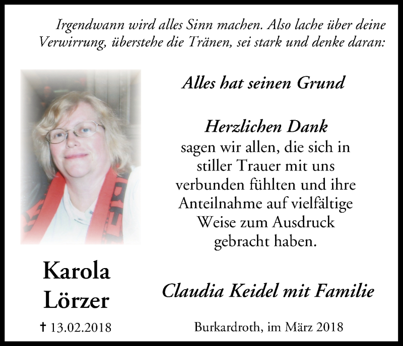  Traueranzeige für Karola Lörzer vom 31.03.2018 aus MGO