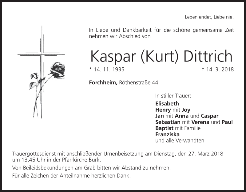  Traueranzeige für Kaspar  Dittrich vom 22.03.2018 aus MGO