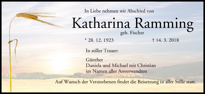  Traueranzeige für Katharina Ramming vom 28.03.2018 aus MGO