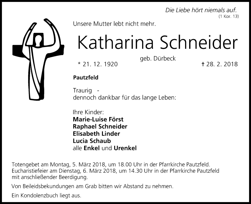  Traueranzeige für Katharina Schneider vom 03.03.2018 aus MGO