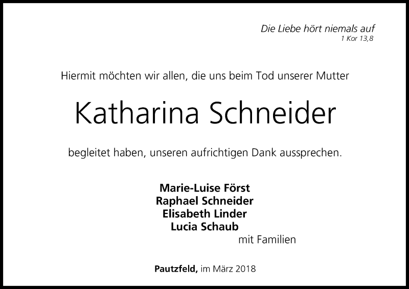  Traueranzeige für Katharina Schneider vom 17.03.2018 aus MGO