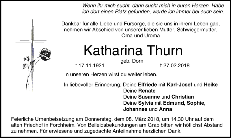  Traueranzeige für Katharina Thurn vom 03.03.2018 aus MGO