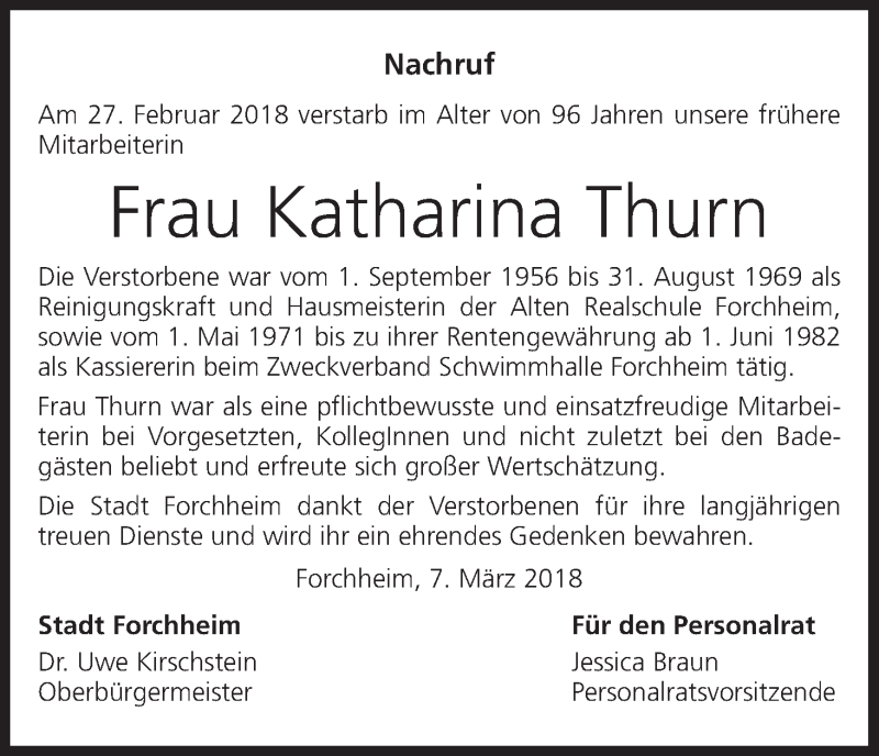  Traueranzeige für Katharina Thurn vom 07.03.2018 aus MGO