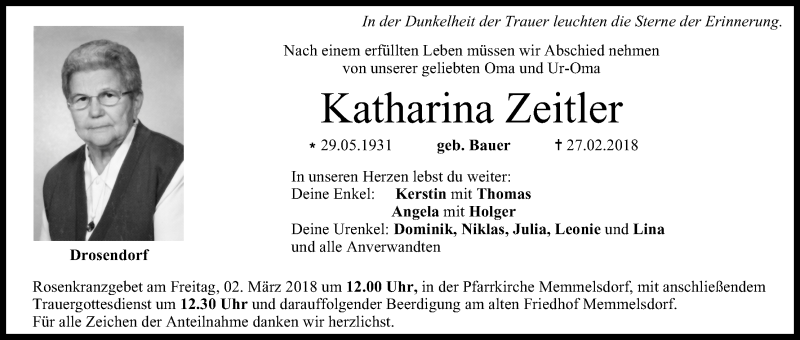  Traueranzeige für Katharina Zeitler vom 01.03.2018 aus MGO